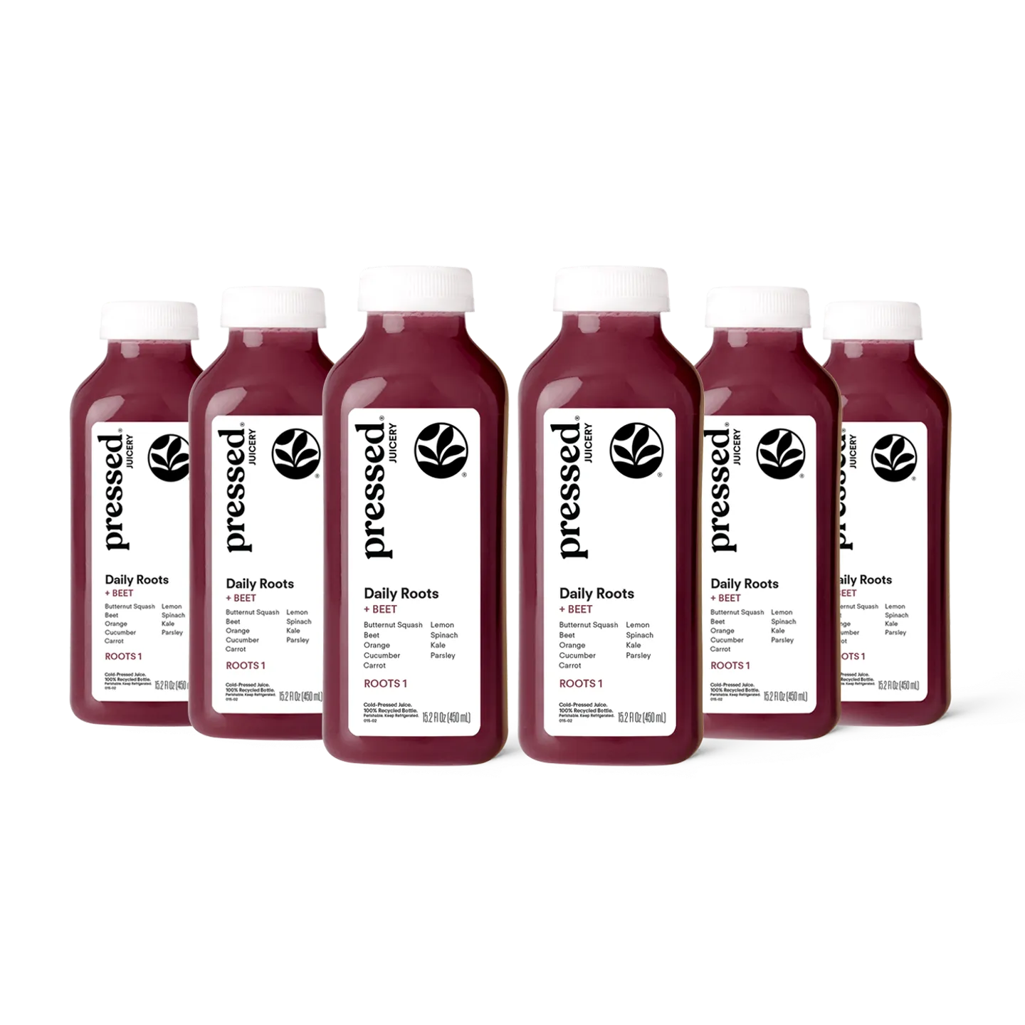 Multiple bottles of 'pressed' Daily Roots + Beet juice on a white background