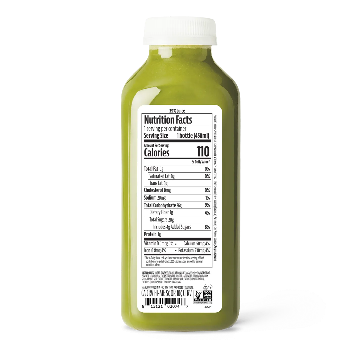 Bottle of juice with a nutrition facts label on a white background