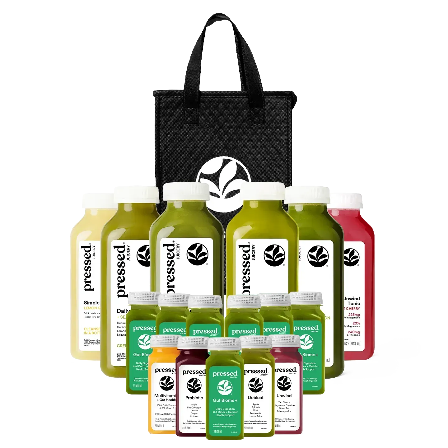 Collection of 'pressed' juice bottles and a black handbag on a white background