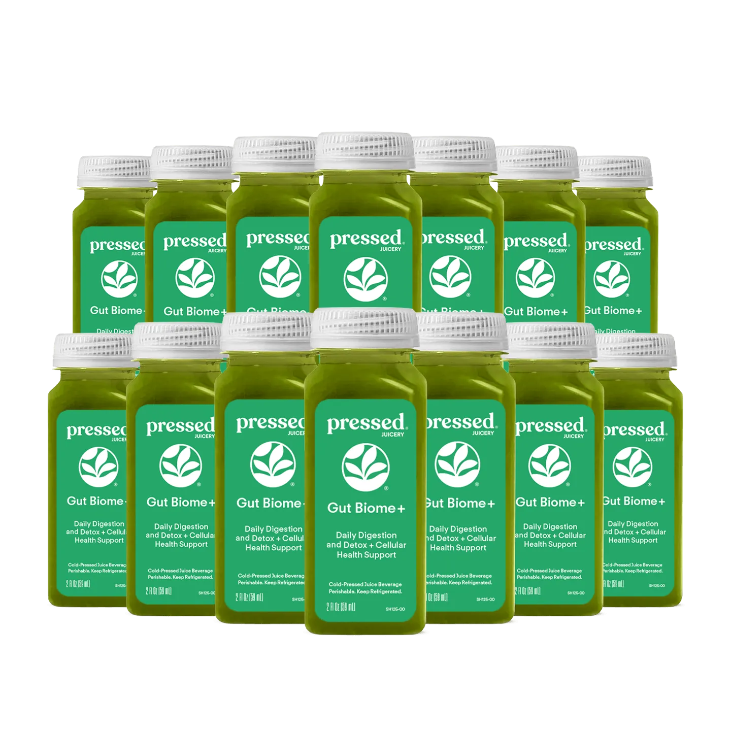 Multiple bottles of 'pressed' Gut Biome+ supplement on a white background