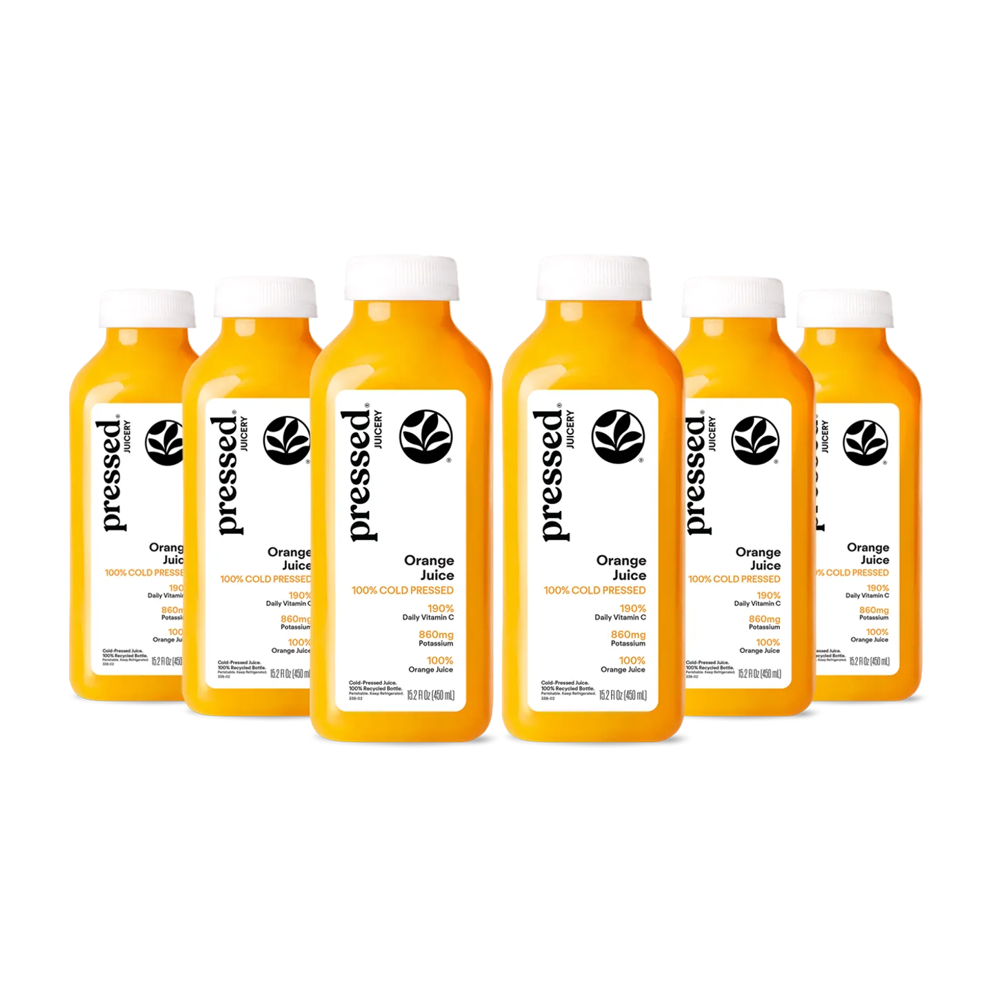 Bottles of pressed orange juice with white caps on a white background