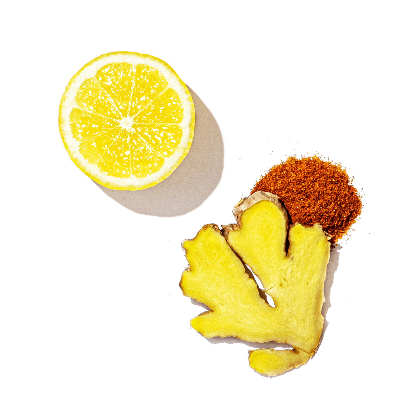 Sliced lemon and piece of ginger on a transparent background