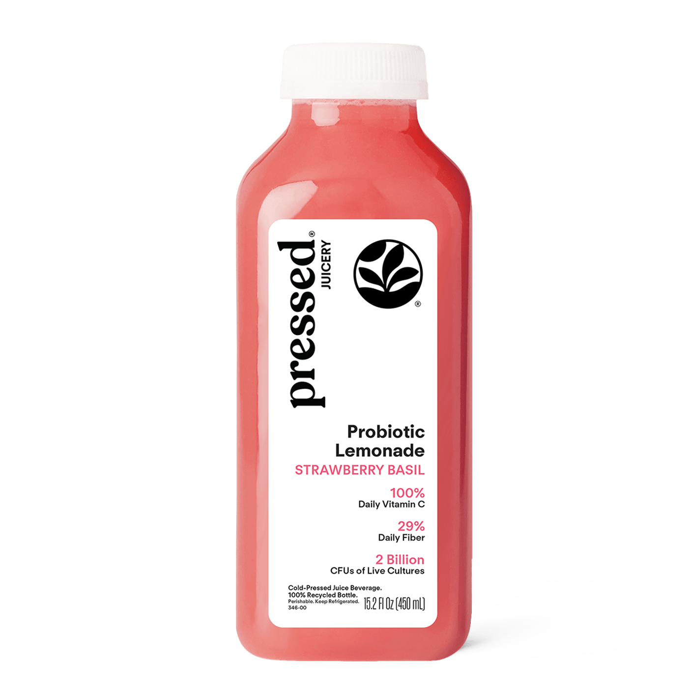Bottle of pressed. Juicery Probiotic Lemonade Strawberry Basil on a white background