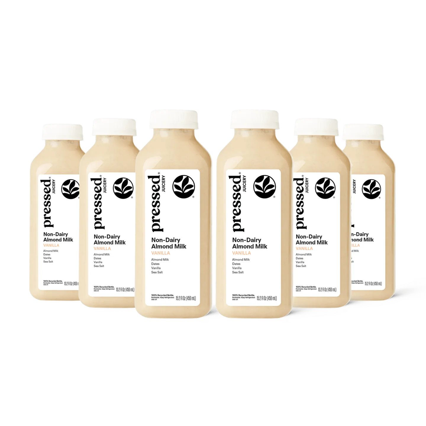 Multiple bottles of pressed brand non-dairy almond milk on a white background