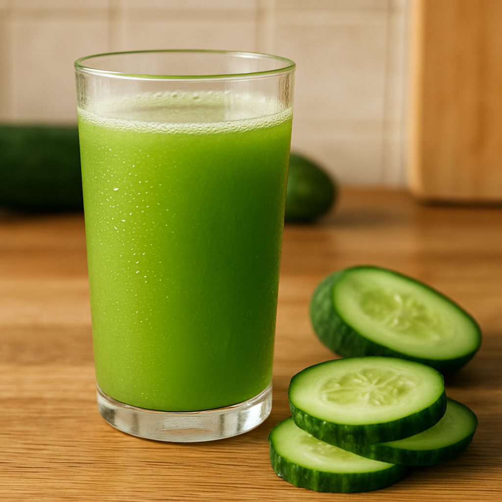 a glass of cucumber juice next to sliced cucumbers