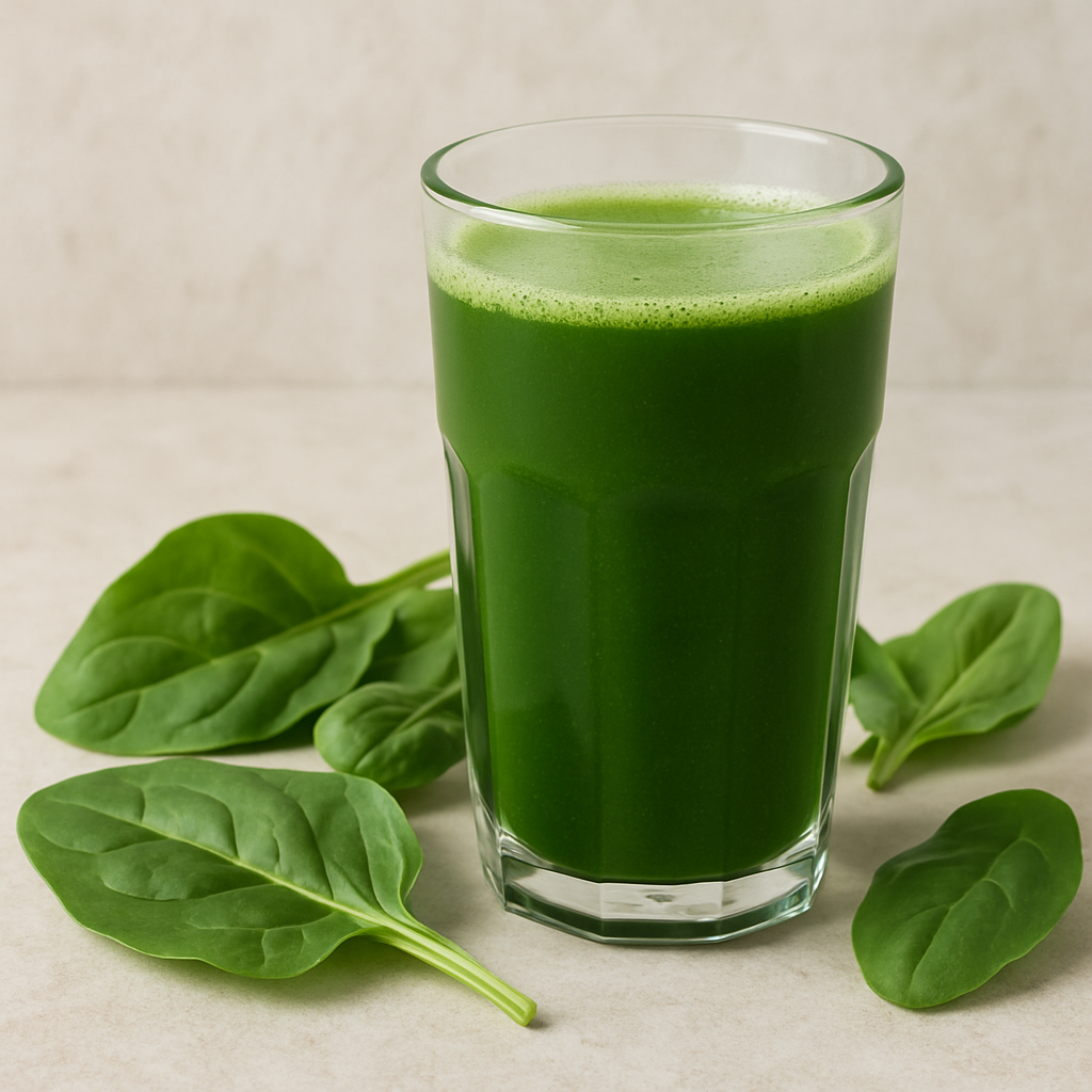 A glass of spinach juice surrounded by spinach leaves