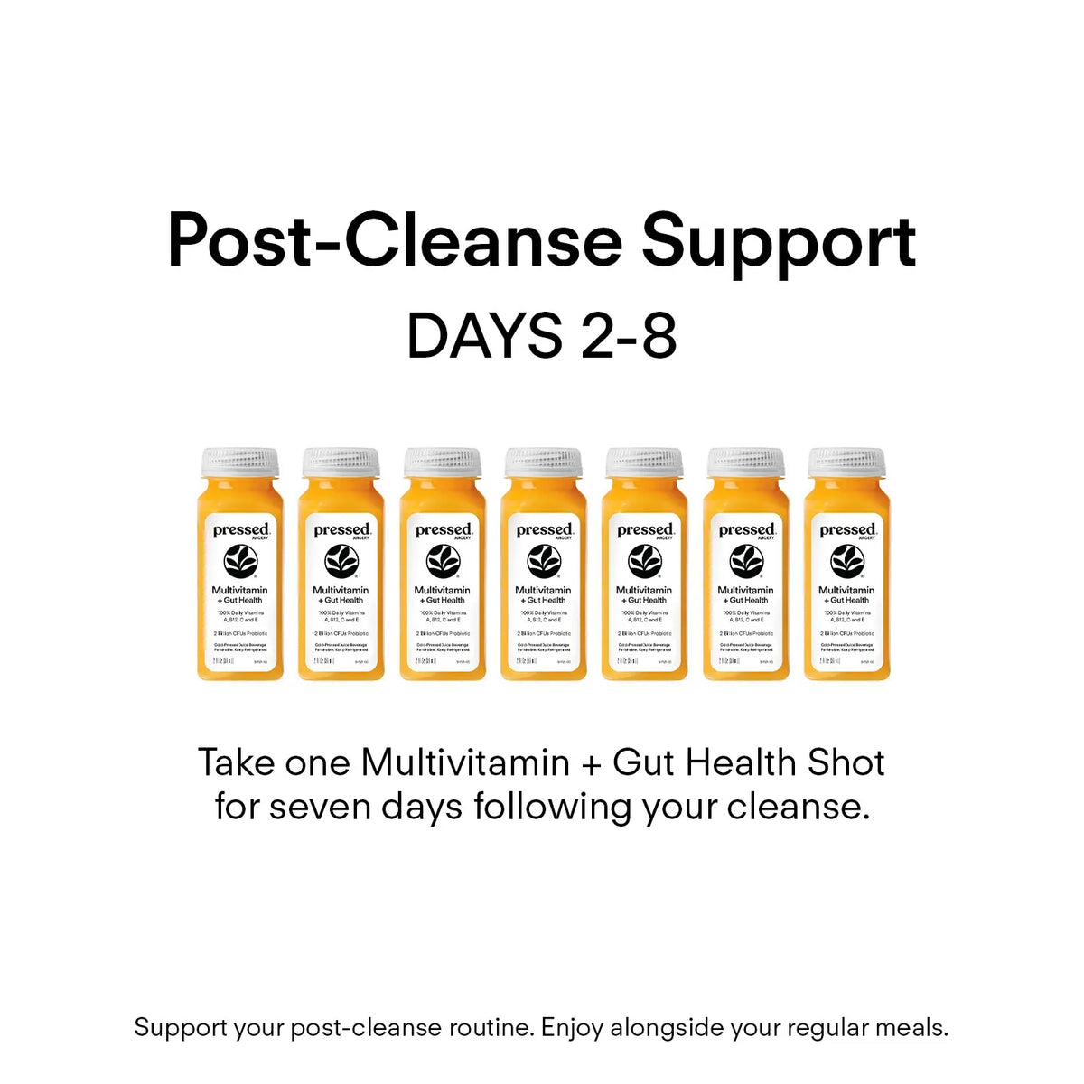 Promotional graphic for 'pressed' multivitamin and gut health shots with text on post-cleanse support.