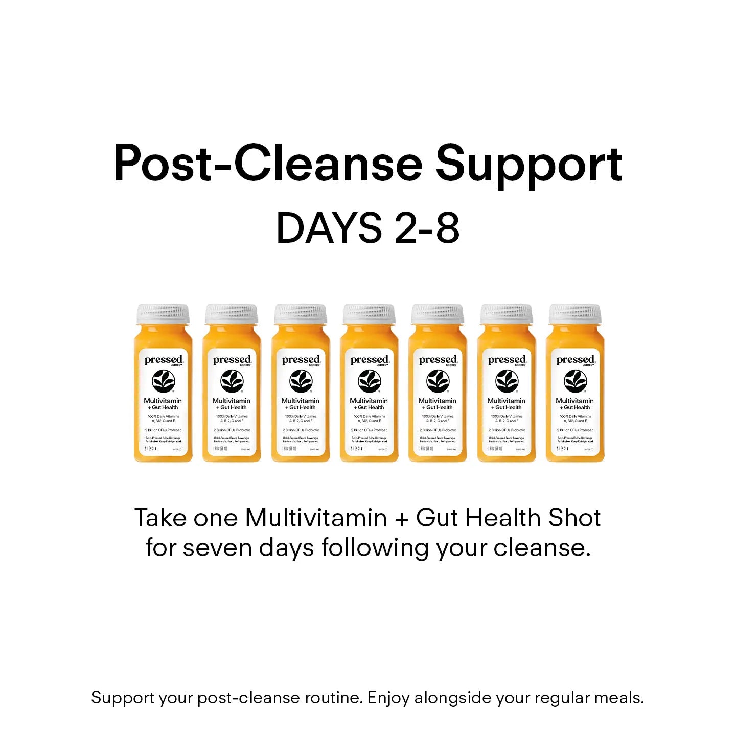 Promotional graphic for 'pressed' multivitamin and gut health shots with text on post-cleanse support.