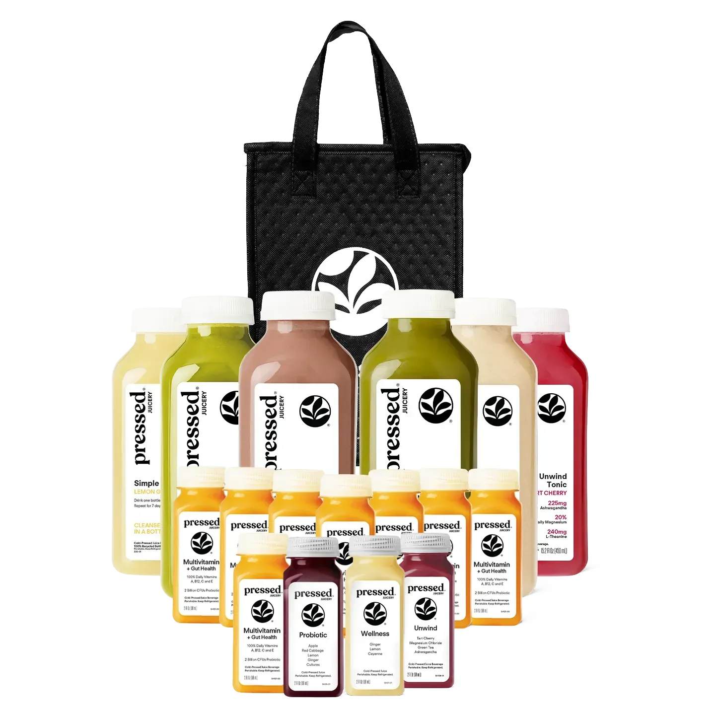 Assorted bottles of 'pressed' juice with a black tote bag on a white background