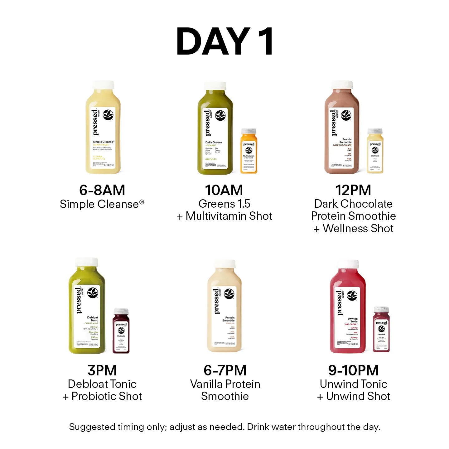 Timeline of a day with various health and wellness products from pressed!, including drinks and shots.