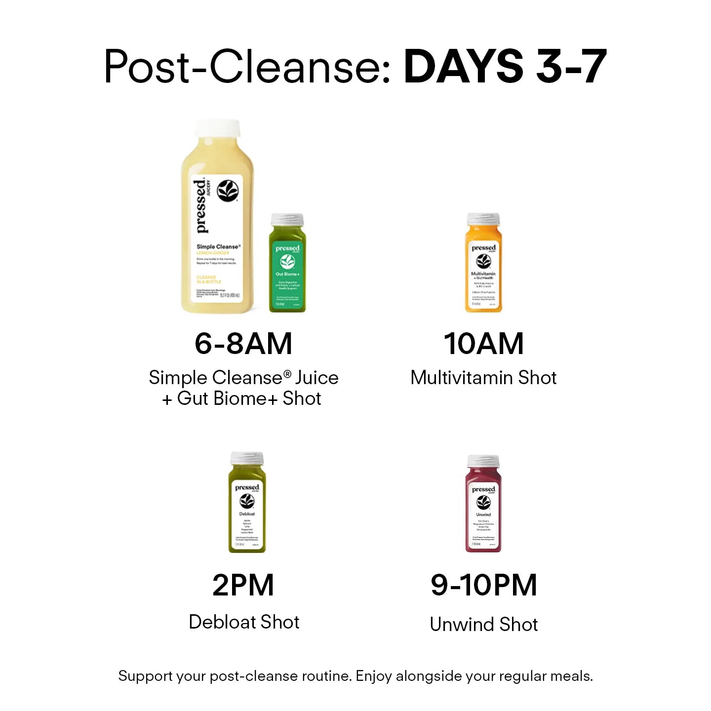 Schedule of post-cleanse drinks with corresponding times on a white background