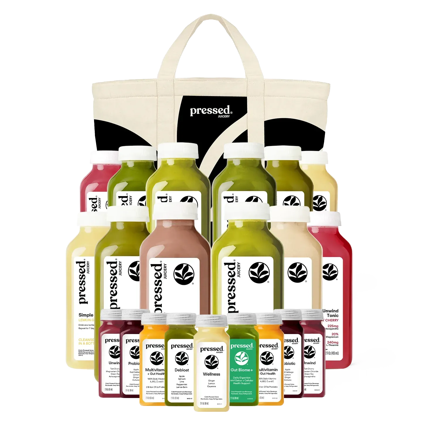 Assorted 'pressed' juice bottles in a tote bag on a white background