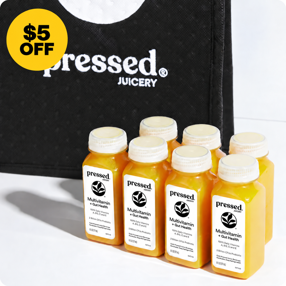 Pressed Juicery Multivitamin + Gut Health Shots with $5 Off promotional badge