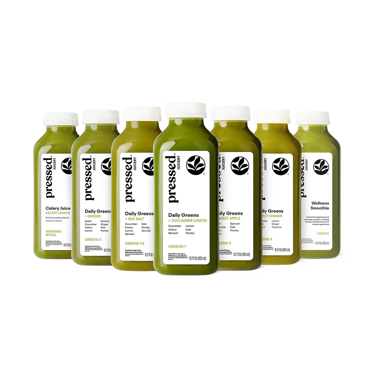 Pressed Juicery 7-Day Super Green Juice Pack on a white background.