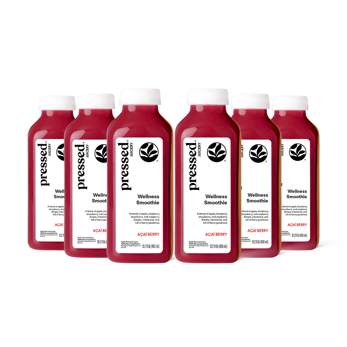Six bottles of pressed wellness 'Wellness Smoothie' in Acai Berry flavor, arranged in a row against a solid white background.