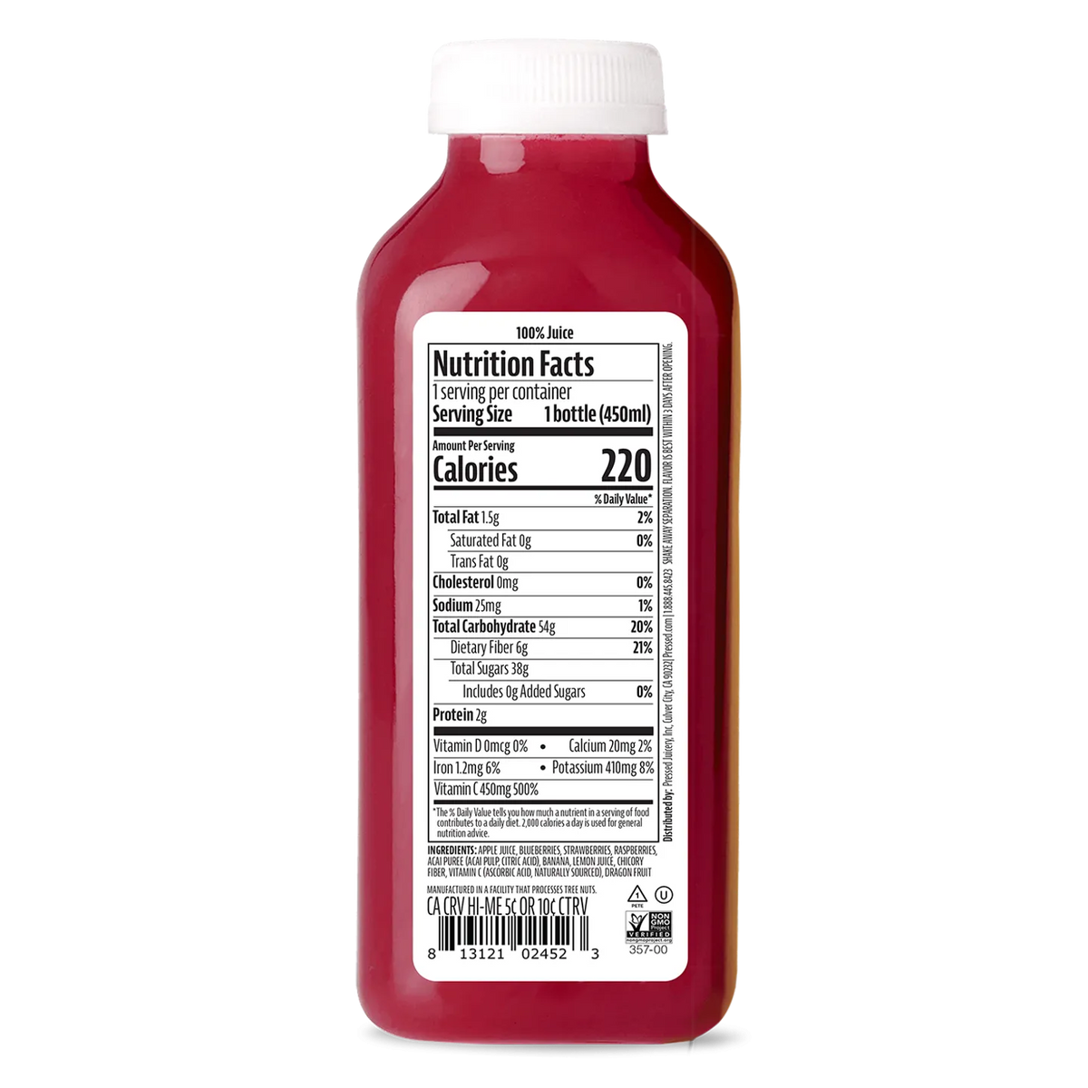 Red bottle with a white label displaying nutrition facts on a white background