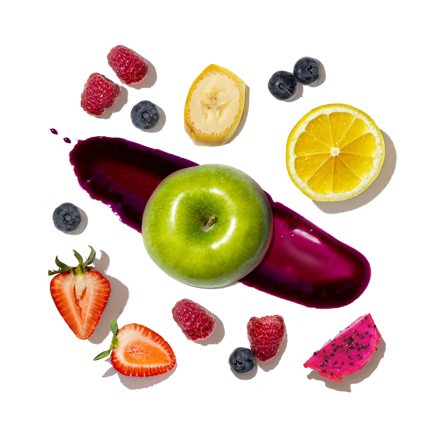 Fruits including an apple, lemon, strawberries, and blueberries on a transparent background
