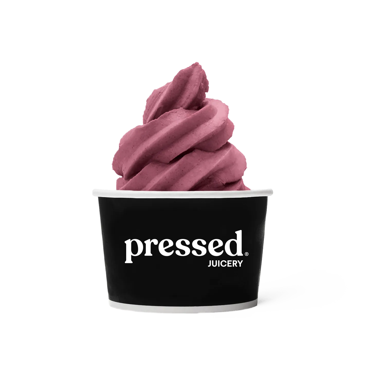 A swirl of mauve-pink soft serve ice cream in a black paper cup with the white printed logo 'pressed JUICERY' on the front, isolated on a white background.