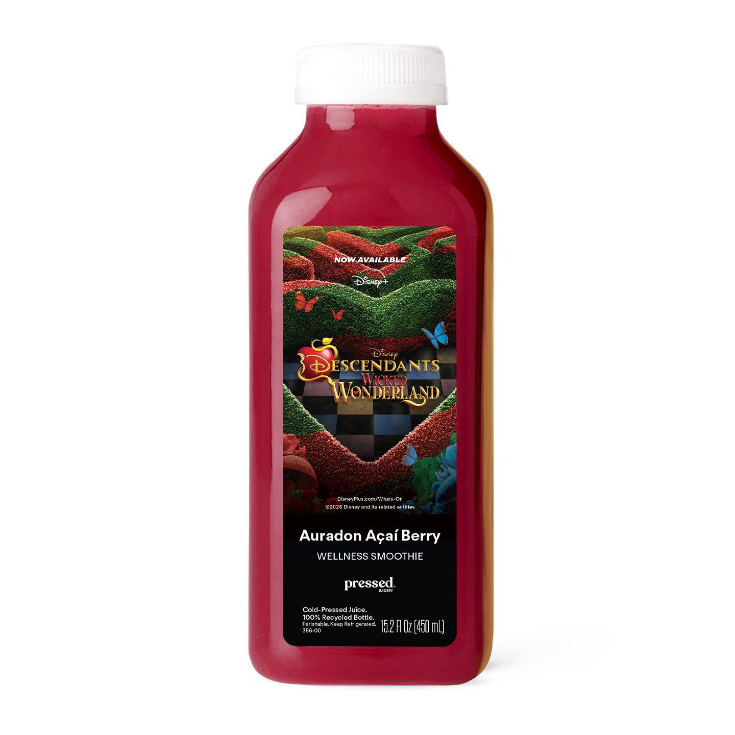 A bottle of pressed! Descendants of the Sword: Wonderland Auredon Acai Berry wellness smoothie on a plain white background.