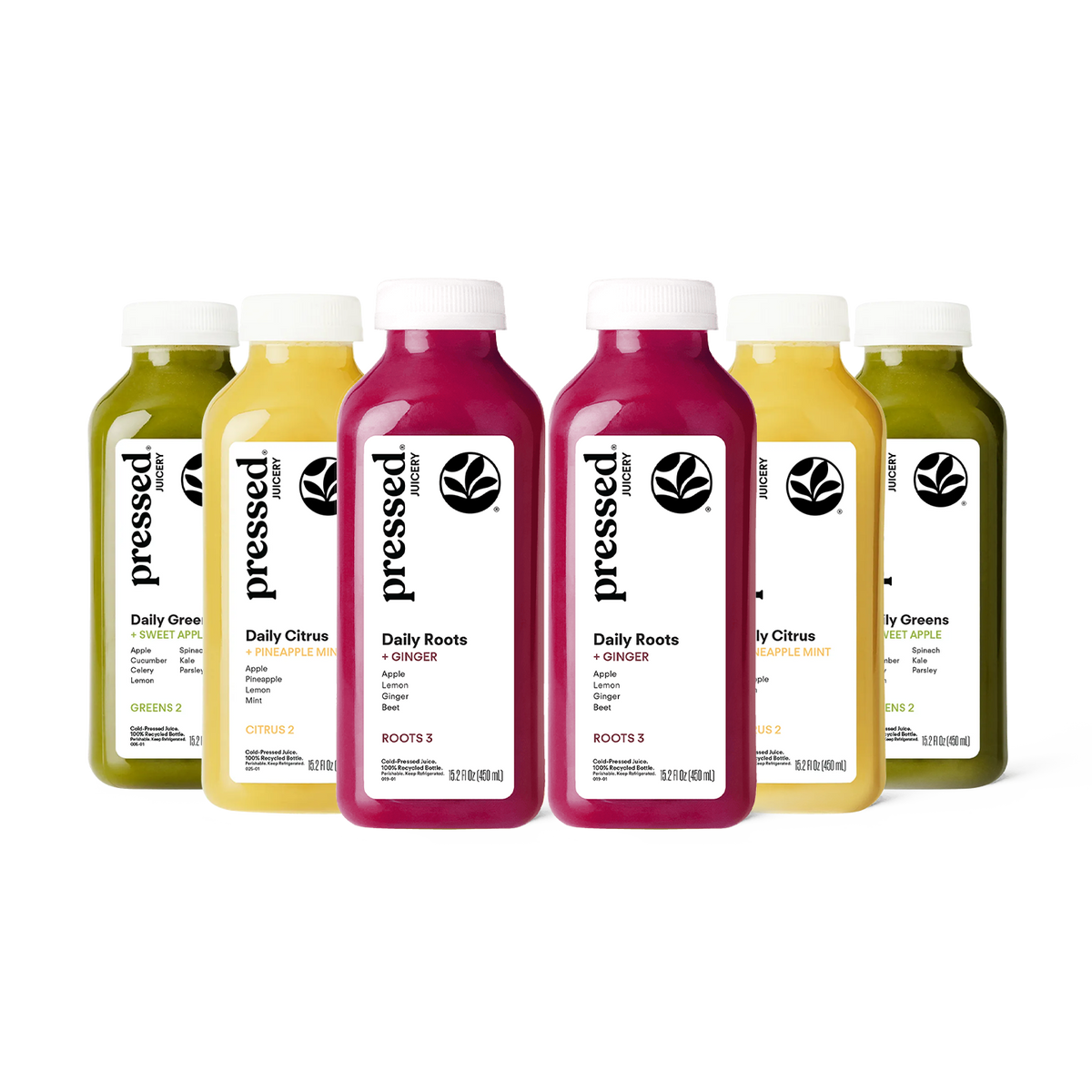 Six bottled juices from the brand Pressed are lined up against a solid white background. The bottles contain green, yellow, and magenta juices, with white caps and white labels featuring black text and a leaf logo.