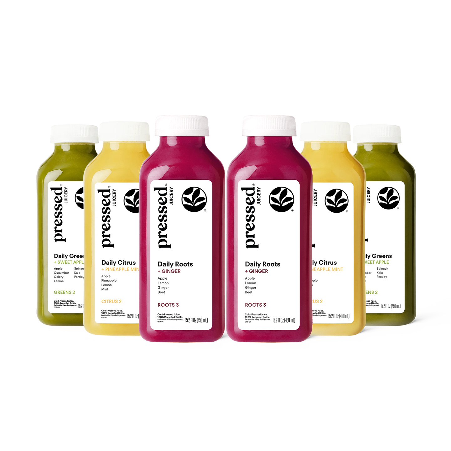 Six bottled juices from the brand Pressed are lined up against a solid white background. The bottles contain green, yellow, and magenta juices, with white caps and white labels featuring black text and a leaf logo.