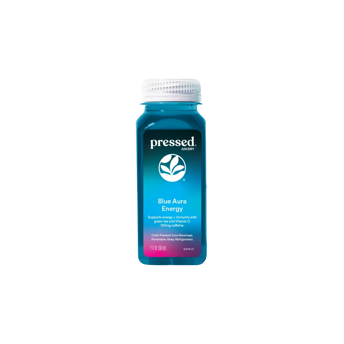 A bottle of Pressed Herbs Blue Aura Energy drink, featuring a blue gradient label with a pink base and a white cap, centered on a plain white background.