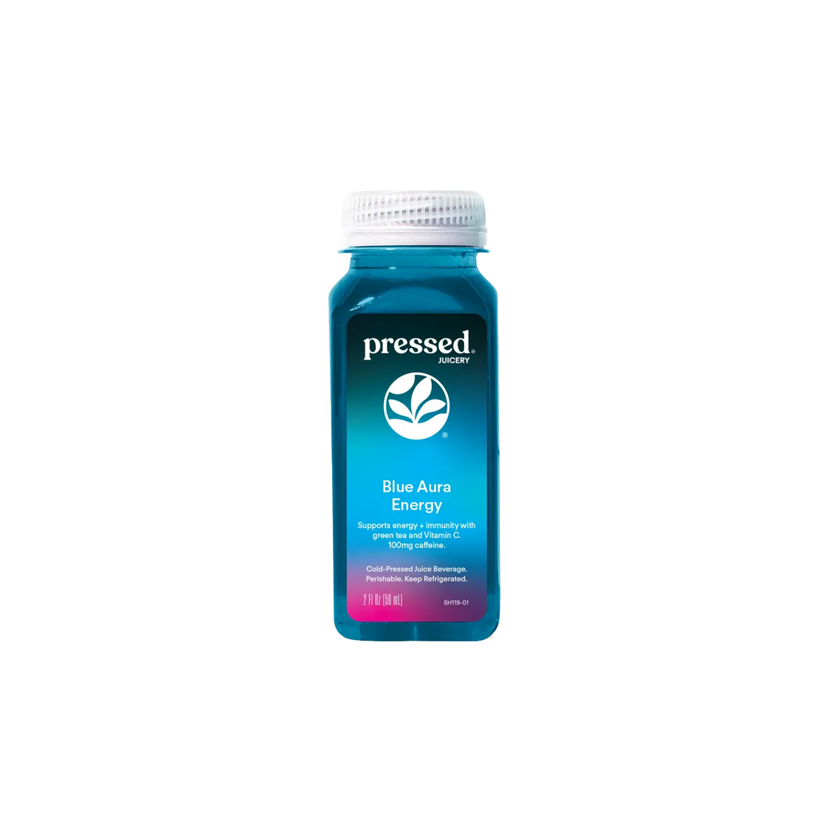 Pressed Juicery Blue Aura Energy Shot bottle on a white background.