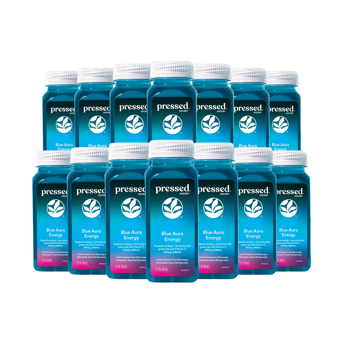 Pressed Juicery Blue Aura Energy Shot 14-Pack on a transparent background