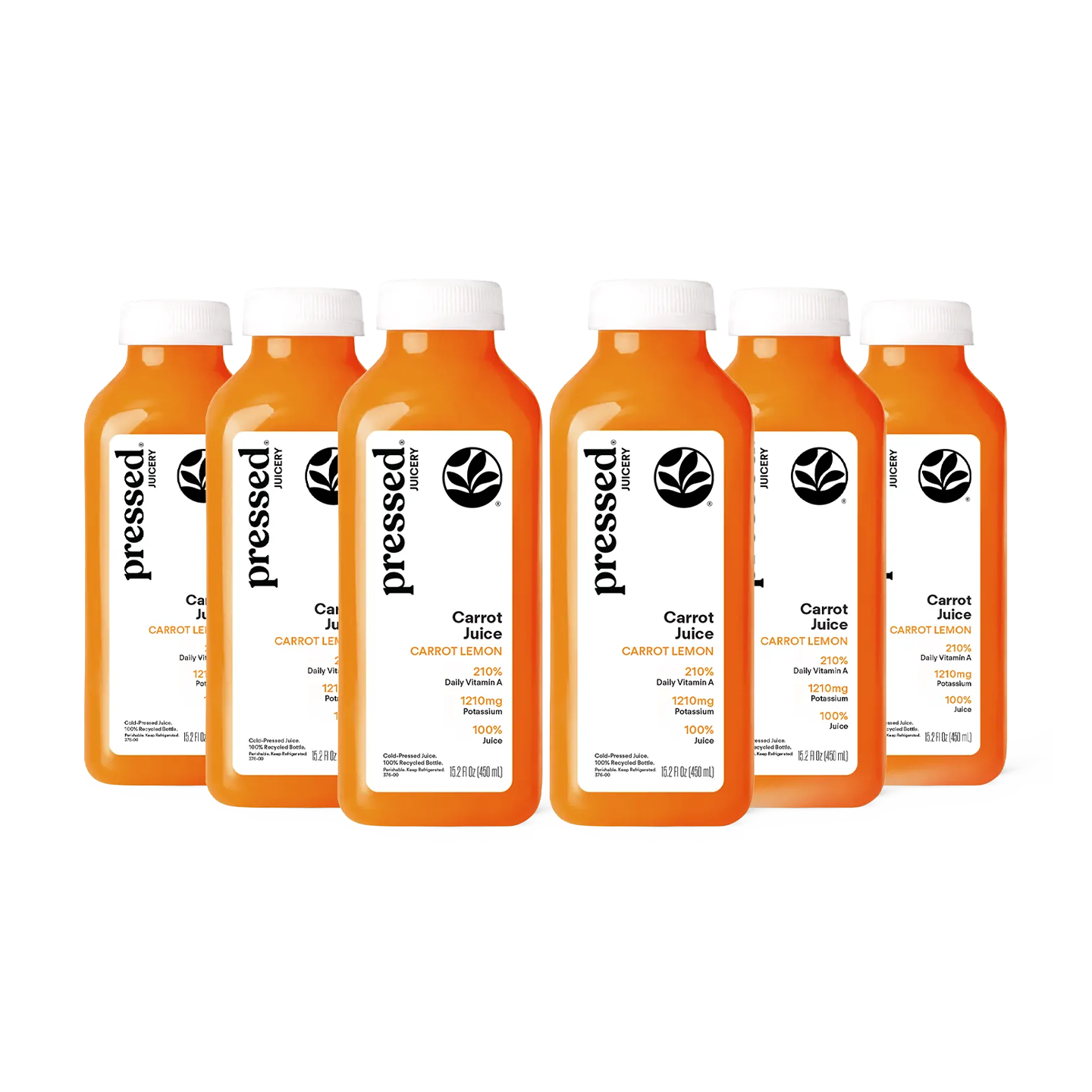 Six bottles of Pressed Carrot Juice arranged in a staggered row on a white background. The bottles are filled with bright orange juice and have white caps with white labels featuring black text and a leaf logo.