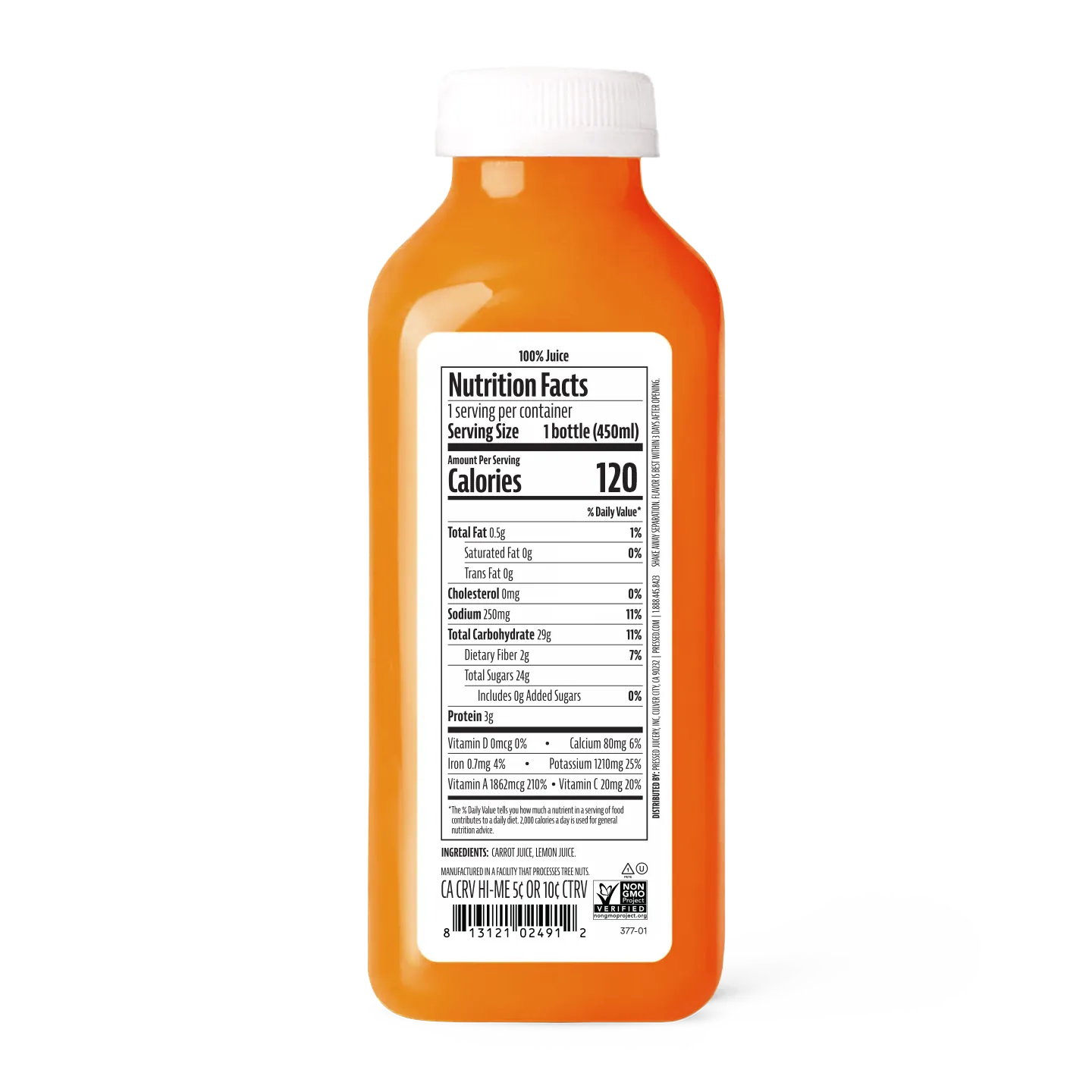 Orange juice bottle with nutrition facts label on a white background