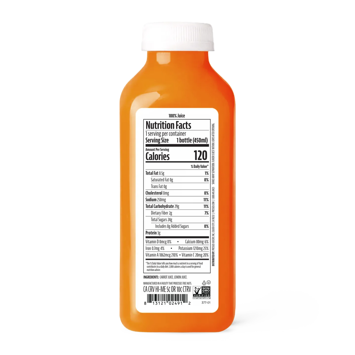 Orange juice bottle with nutrition facts label on a white background