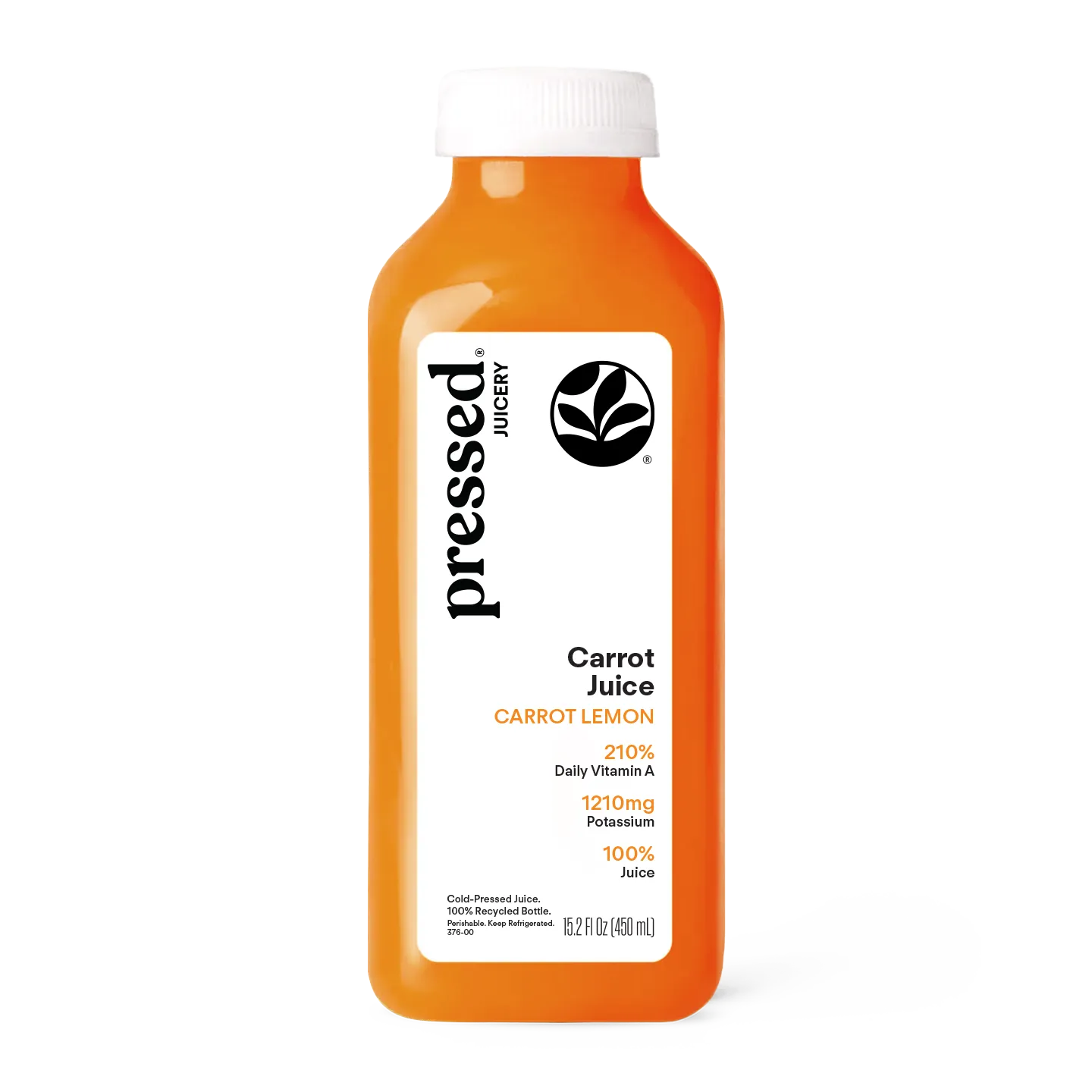 Bottle of pressed Juicery Carrot Lemon Juice on a white background