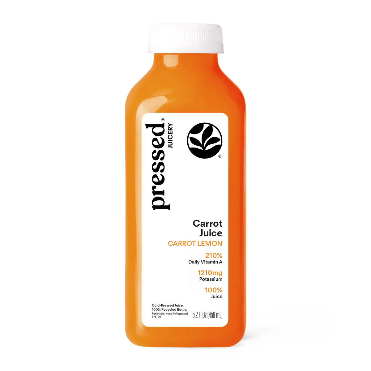 Bottle of pressed Juicery Carrot Lemon Juice on a white background