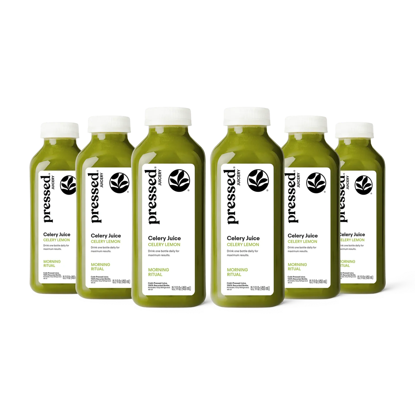 Six bottles of pressed celery juice with white caps on a white background