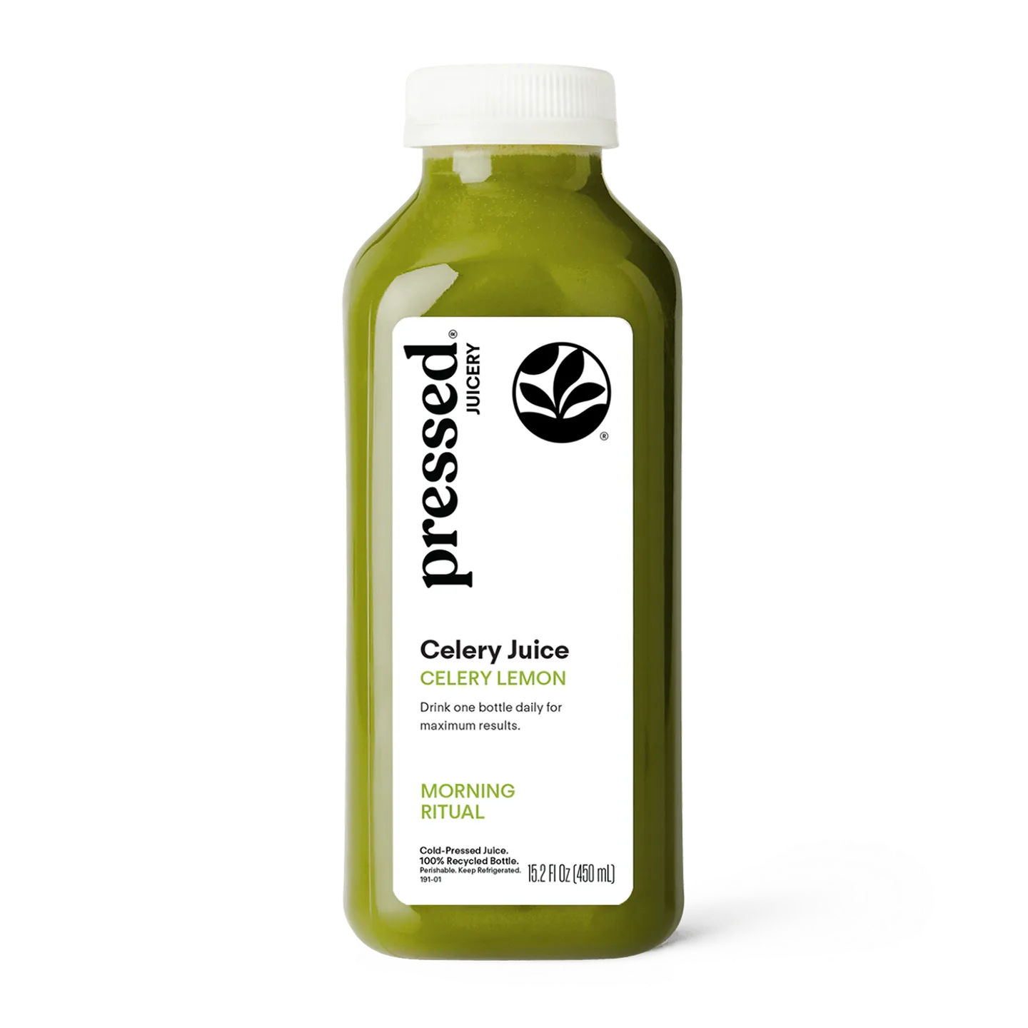 Bottle of pressed Juicery Celery Juice on a white background