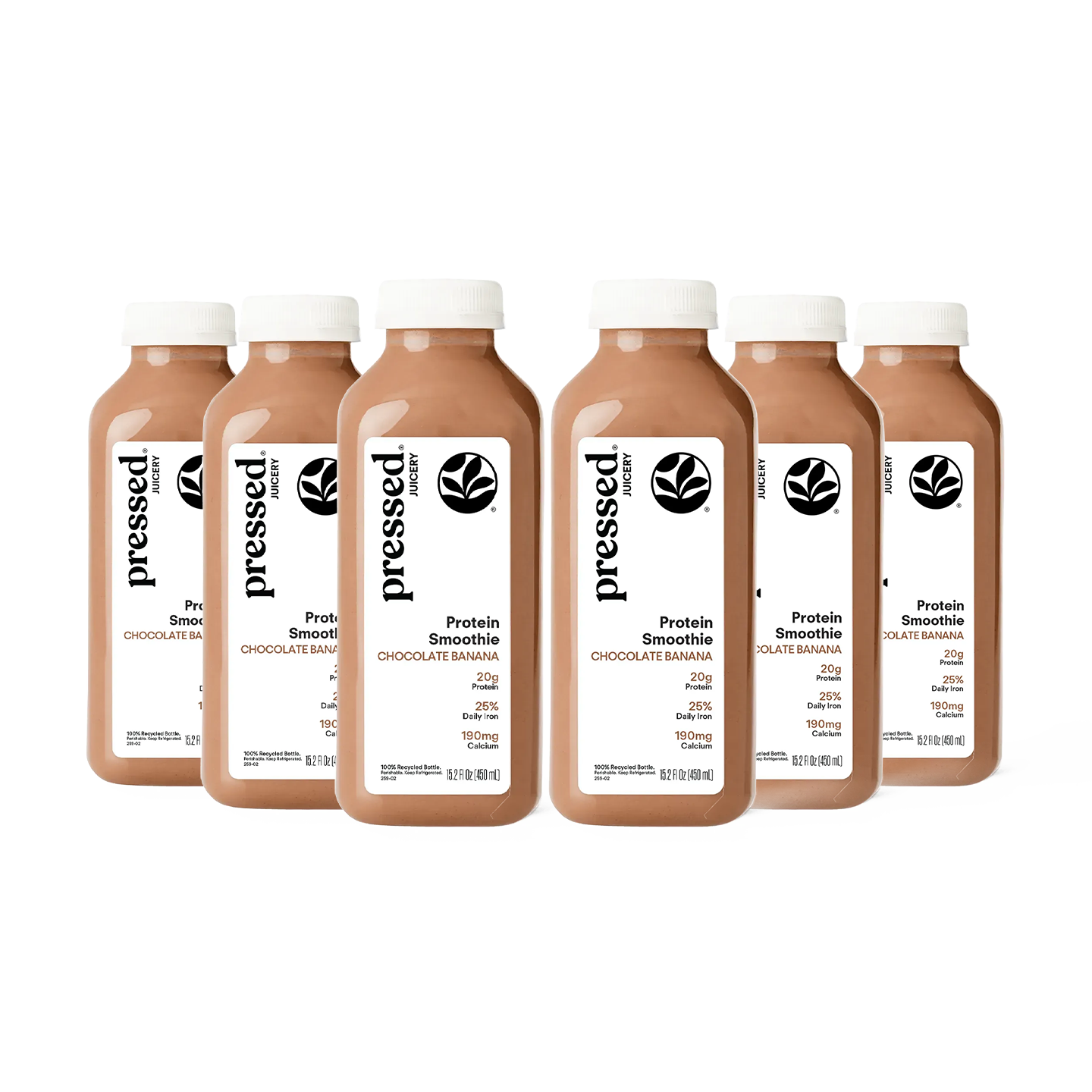Six bottles of Pressed Protein Smoothie Chocolate Banana on a plain white background.
