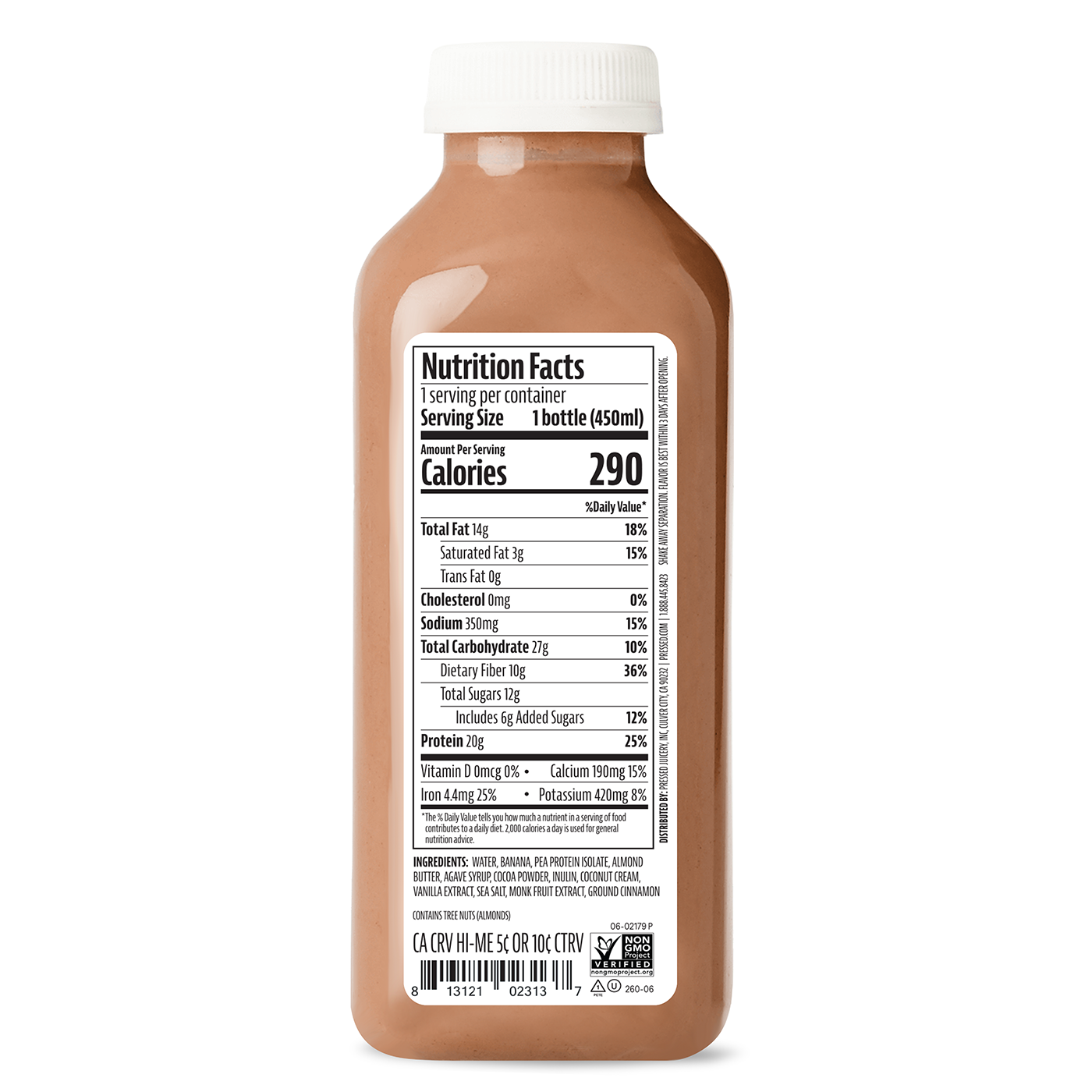 Back view of a plastic juice bottle with a white cap, showing the nutrition facts label on a white background.