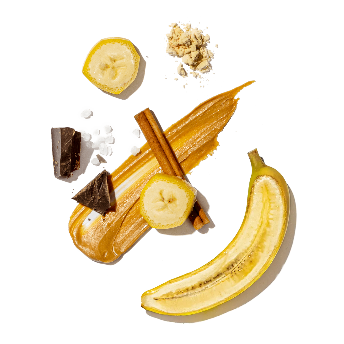 Dessert items including banana slices, cookies, and a chocolate bar on a transparent background
