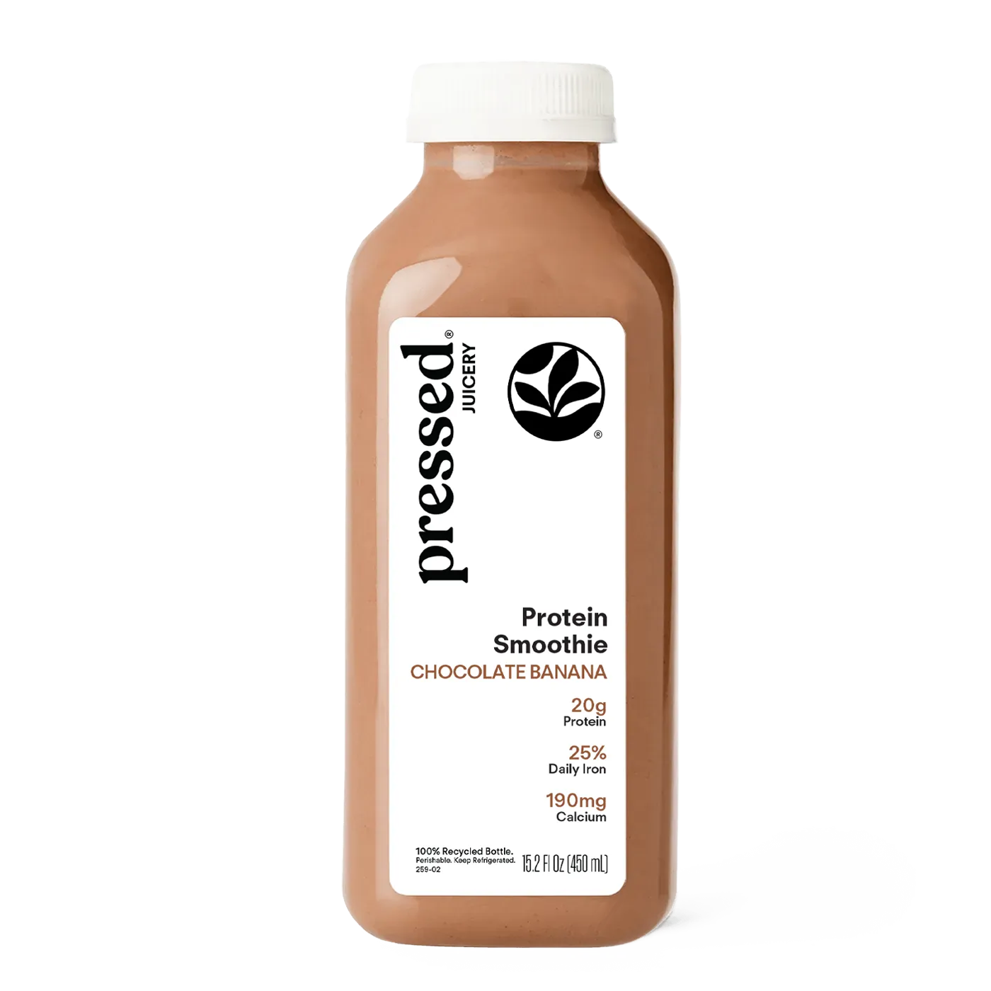 Bottle of pressed Juicery Protein Smoothie Chocolate Banana on a white background