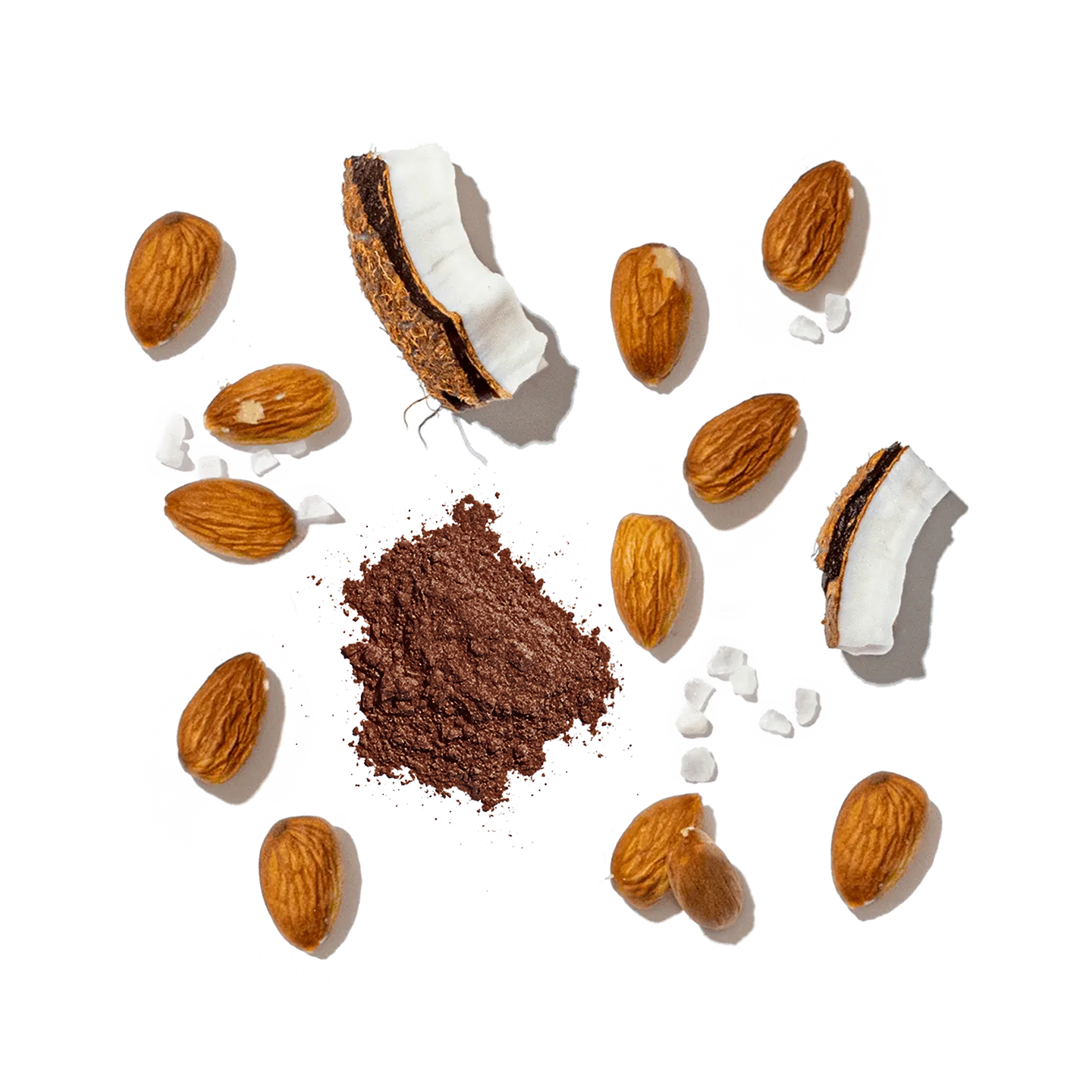 Assorted chocolate truffles with almonds and coconut on a white background