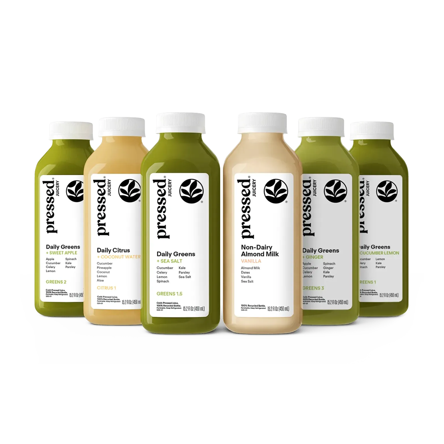 Six bottles of Pressed Foods juice and milk products arranged in a row against a white background. The lineup includes green and beige variants of Daily Greens, Daily Citrus, and Non-Dairy Almond Milk.