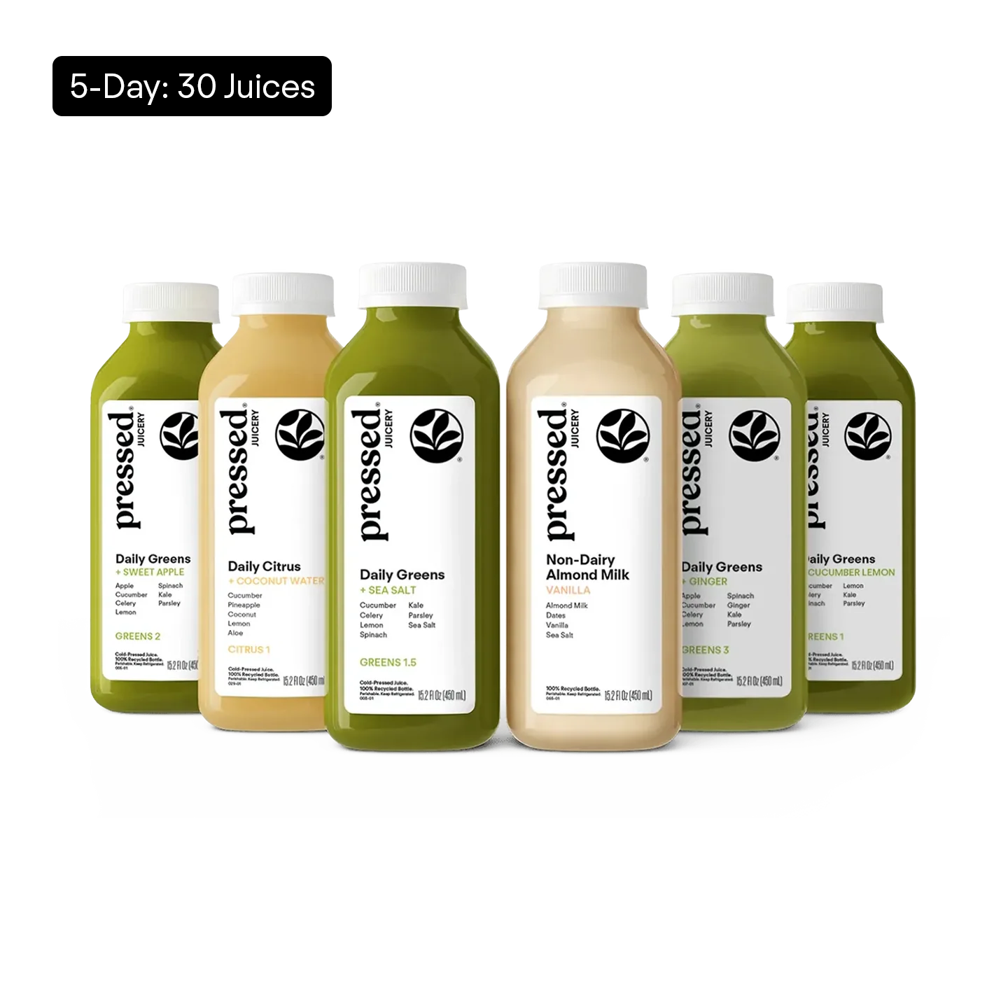 Six bottled juices from pressed juice arranged in a row on a white background, with a black banner in the top left reading '5-Day: 30 Juices.' The bottles contain green and beige liquids and have white labels with black text and a leaf logo.