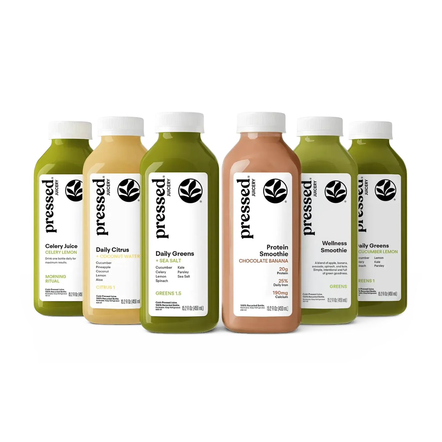 Six bottles of Pressed Health beverage juices arranged in a row against a white background. The bottles contain green, yellow, and brown liquids and feature white caps and white labels with black text.