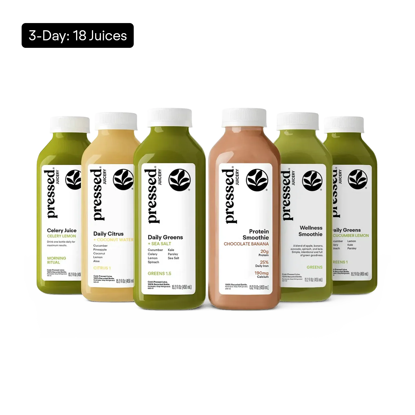 Six bottled juices from pressed brand arranged in a row on a white background, with a black label at the top reading '7-Day: 42 Juices.' The bottles contain green, yellow, and peach-colored liquids and include celery juice, daily citrus, sea moss, chocolate banana, wellness smoothie, and green smoothie flavors.