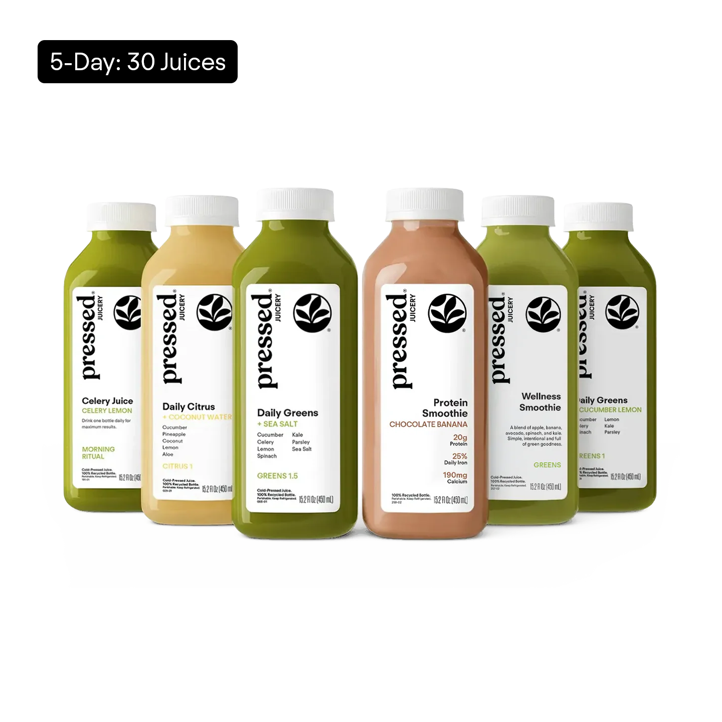 Six bottled juices from pressed brand arranged in a row on a white background, with a black banner at the top reading '5-Day: 30 Juices.' The bottles contain green, yellow, and peach-colored liquids and are labeled with juice names such as Celery Juice, Daily Citrus, Daily Greens, Protein Smoothie, Chocolate Banana, and Wellness Greens.