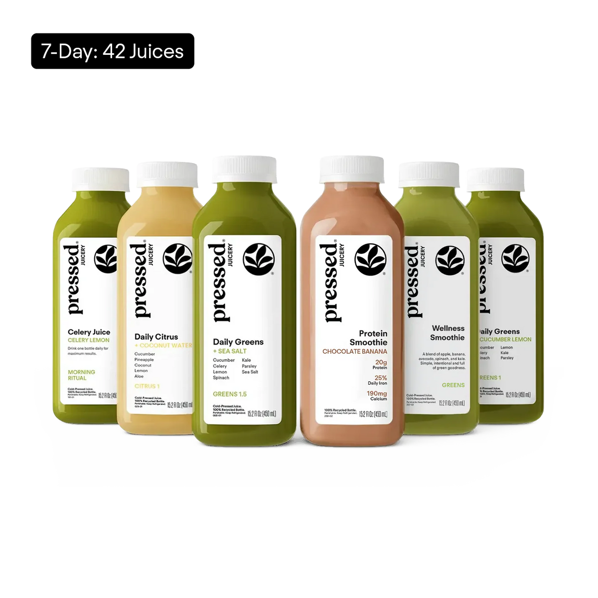 Six bottled juices from pressed brand arranged in a row on a white background, with a black label at the top reading '7-Day: 42 Juices.' The bottles contain green, yellow, and peach-colored liquids and include celery juice, daily citrus, sea moss, chocolate banana, wellness smoothie, and green smoothie flavors.