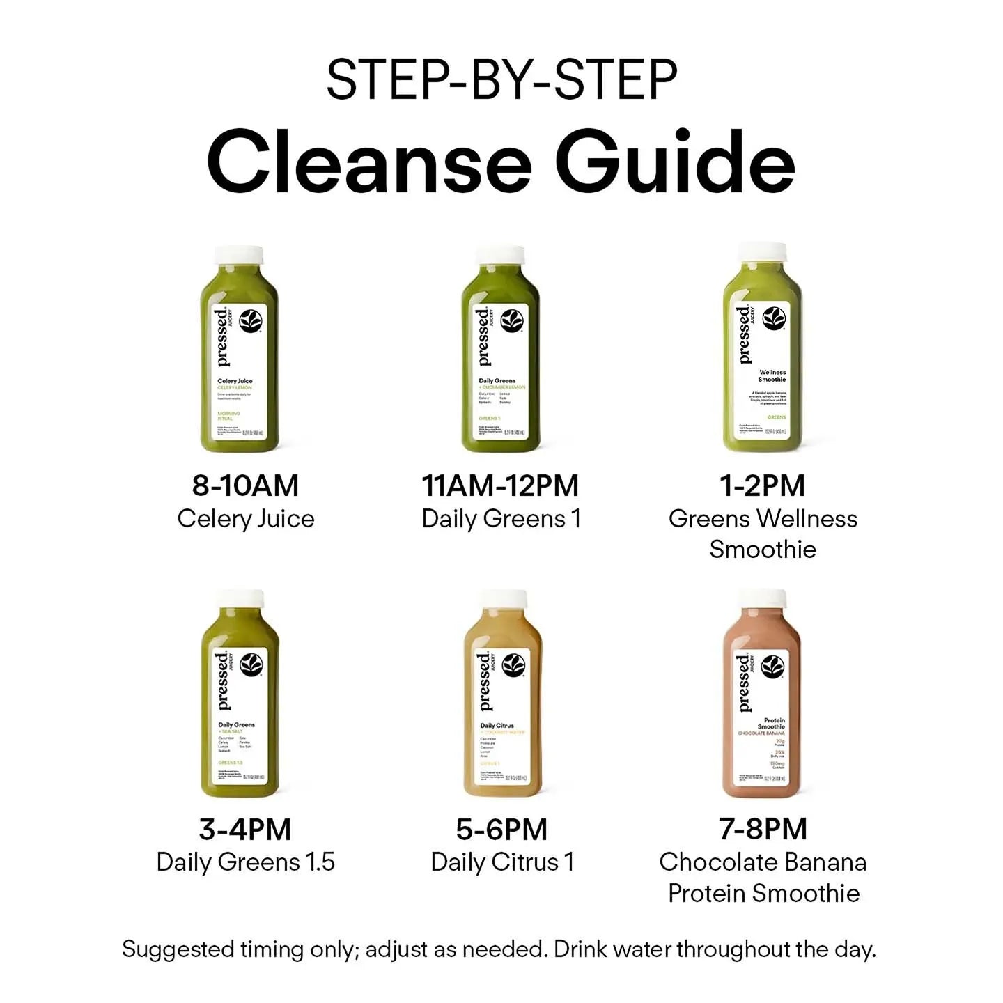 A clean infographic titled 'STEP-BY-STEP Cleanse Guide' showing six green juice/smoothie bottles arranged in two rows with suggested times and names: Celery Juice, Daily Greens 1, Greens Wellness Smoothie, Daily Greens 1.5, Daily Citrus 1, and Chocolate Banana Protein Smoothie.