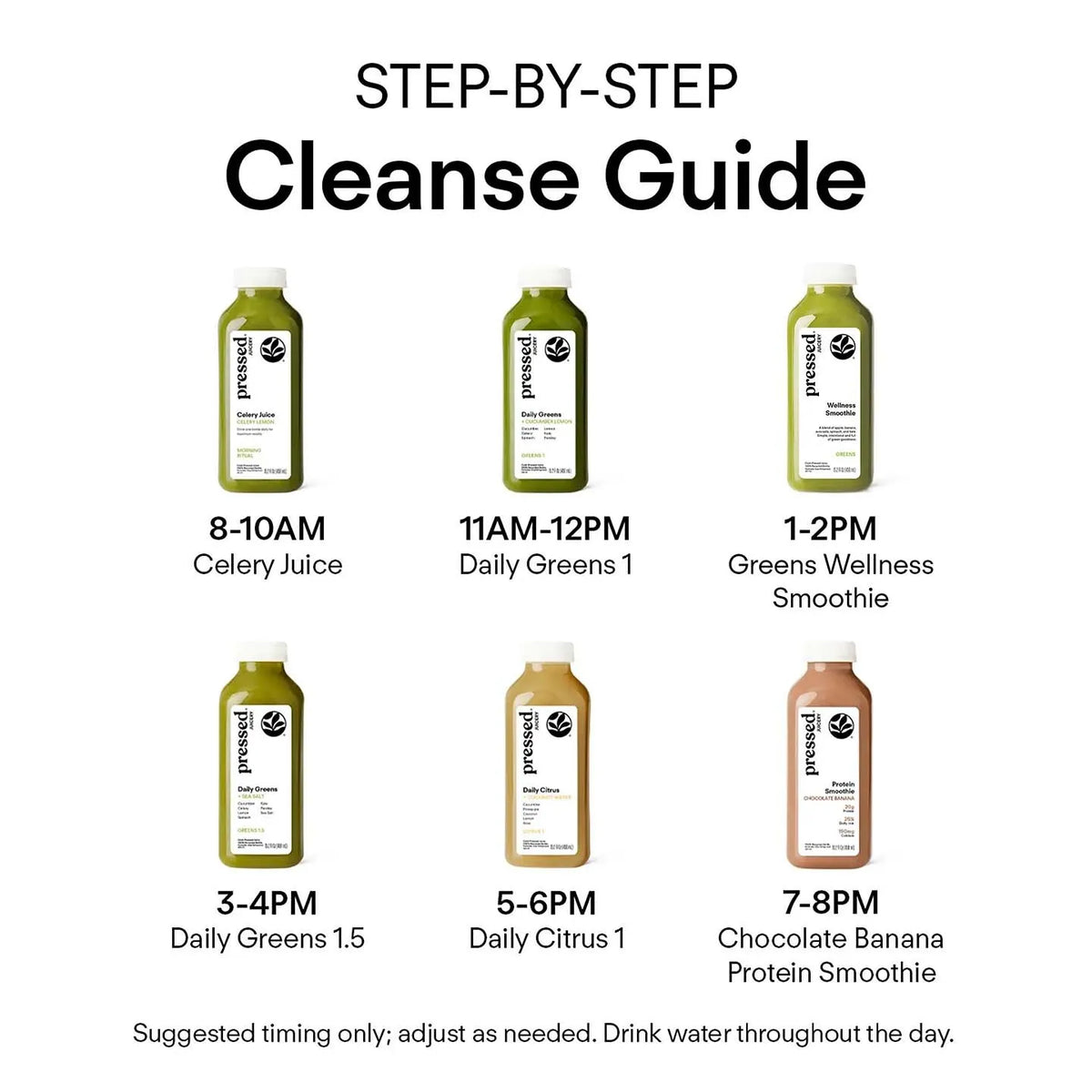 A clean infographic titled 'STEP-BY-STEP Cleanse Guide' showing six green juice/smoothie bottles arranged in two rows with suggested times and names: Celery Juice, Daily Greens 1, Greens Wellness Smoothie, Daily Greens 1.5, Daily Citrus 1, and Chocolate Banana Protein Smoothie.