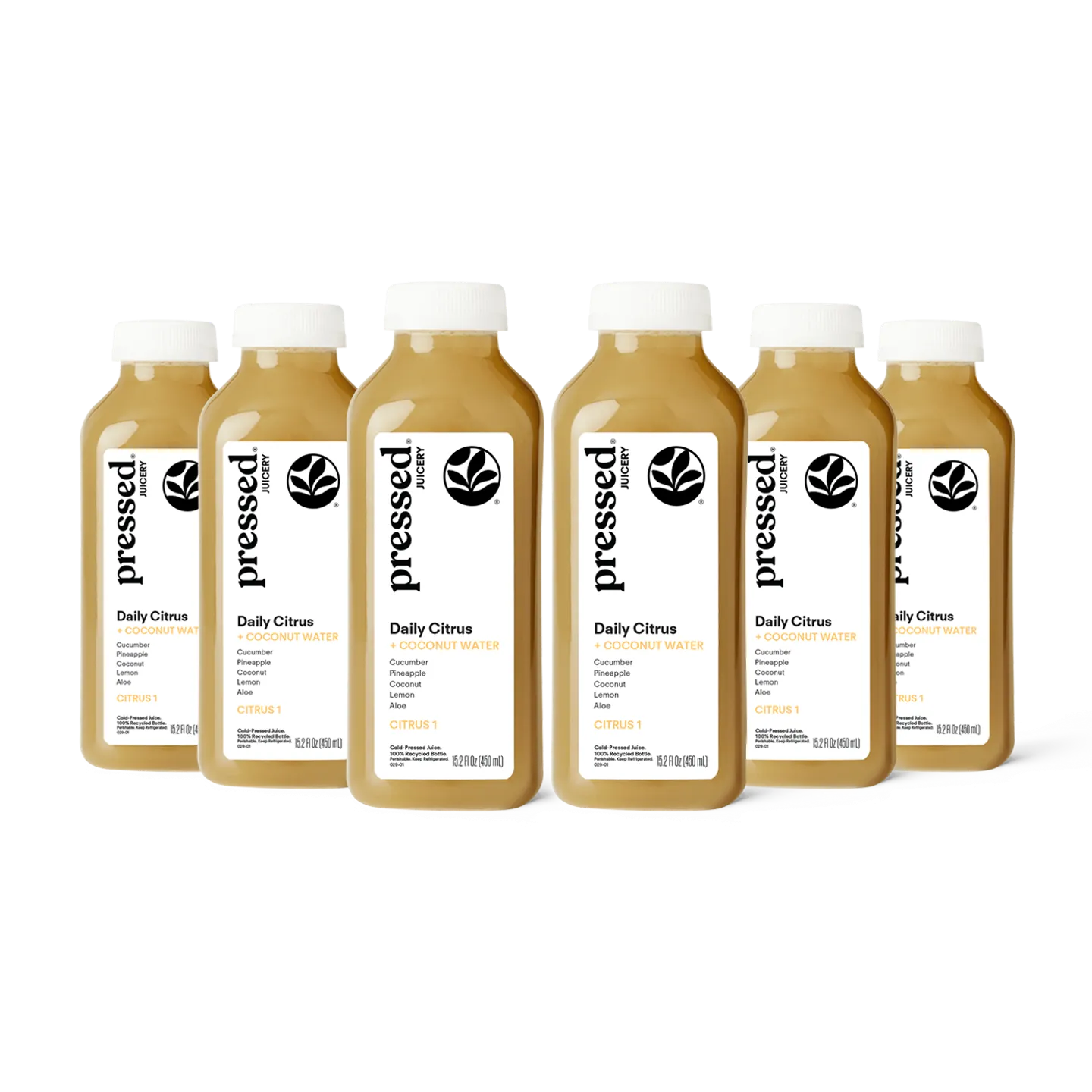 Six bottles of 'pressed' Daily Citrus juice on a white background