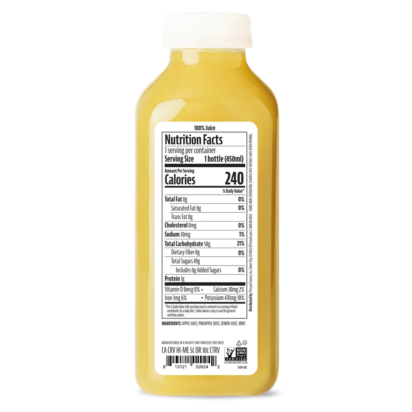 Bottle of juice with a nutrition facts label on a white background